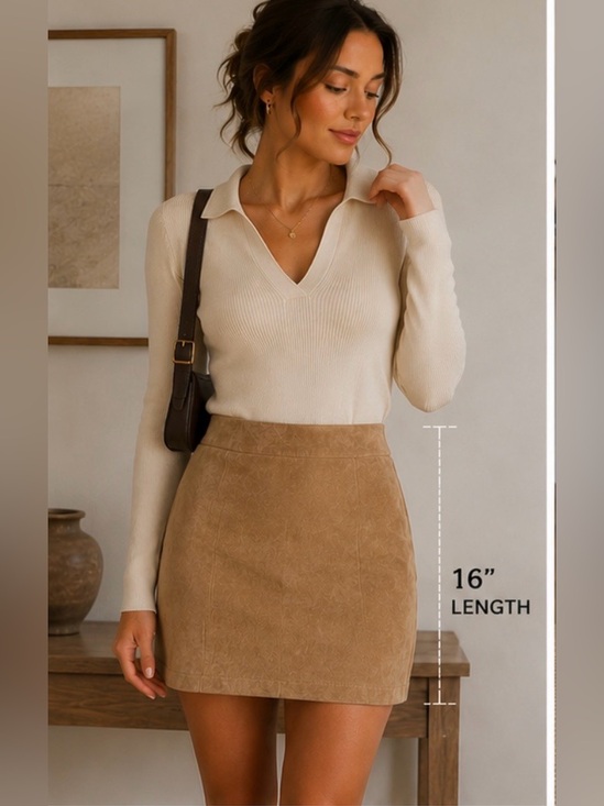 Suzy Shier Dresses & Skirts - Vintage Y2K Genuine Suede Leather Mini Skirt Camel Tan Size 3/4 Made in Canada